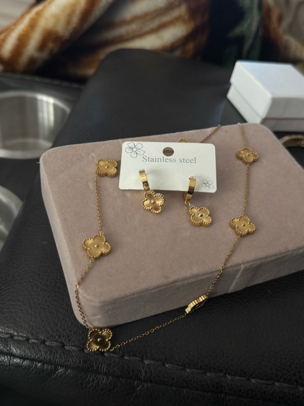 Gold Floral Stainless Steel Necklace & Earring Set